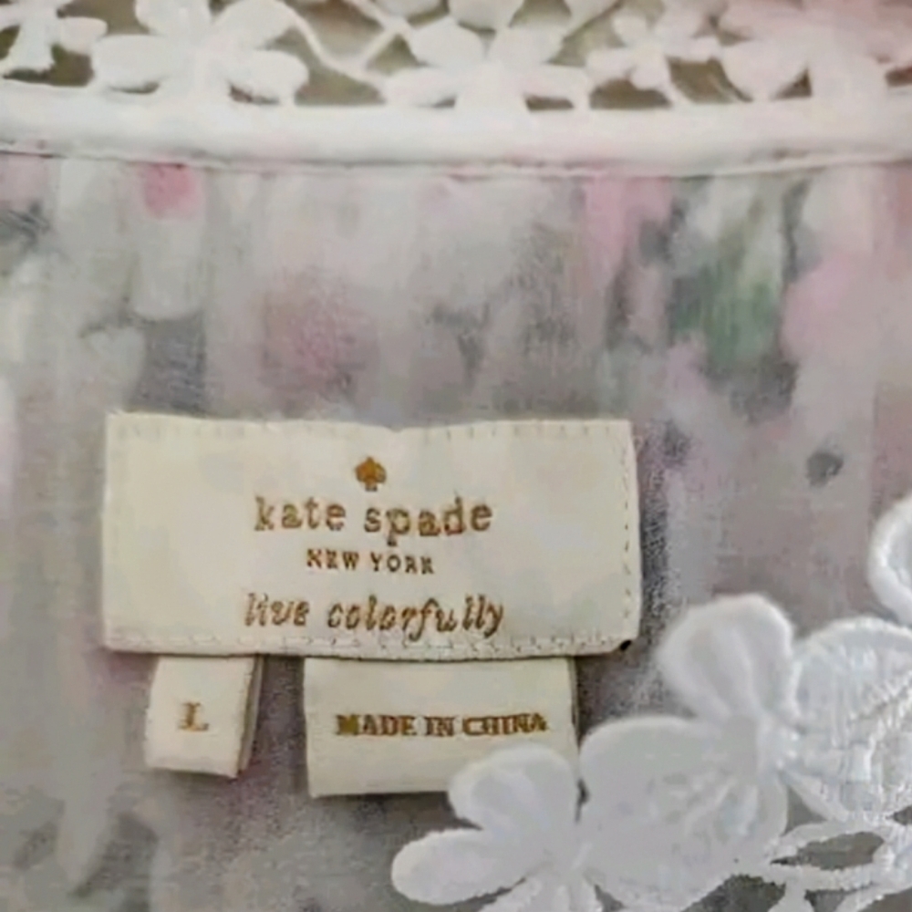 KATE SPADE Silk Lace Devore Blouse WOMEN'S L Pink Daisy Floral Romantic Ruffles - Picture 8 of 16